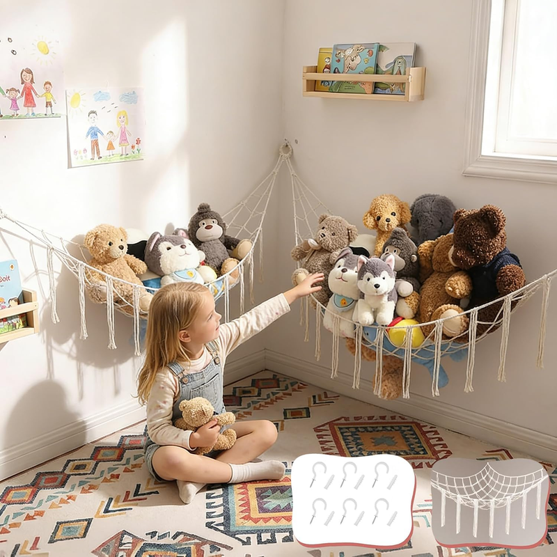 2 Pack White Toy Hammock,Stuffed Animals Storage Hammock, Macrame Toy Storage Ne