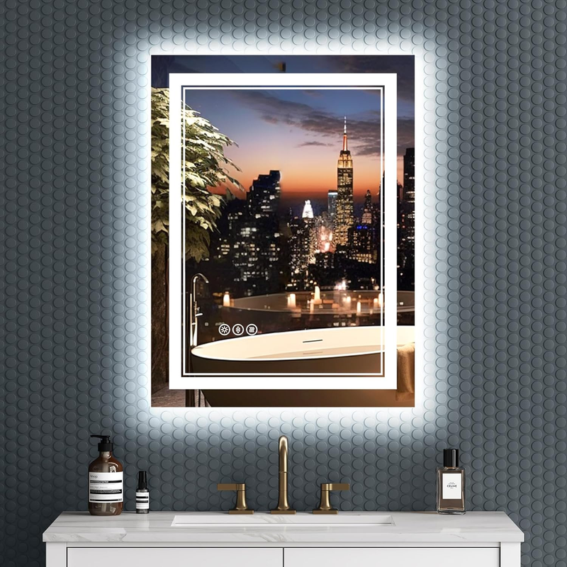24X32 Inch Frameless LED Bathroom Mirror, Front and Backlit, Shatter-Proof Tempered Glass, Anti-Fog, 3 Colors, Dimmable, Memory, ETL Listed, Plug-In/Hardwired, Horizontal/Vertical Wall Mount