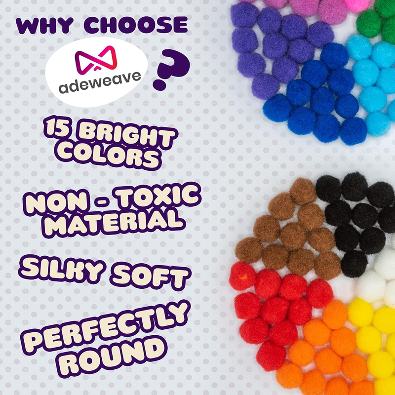 300 1 Inch Pom Poms- Multicolor Pompoms for Crafts in Assorted Colors, Soft and
