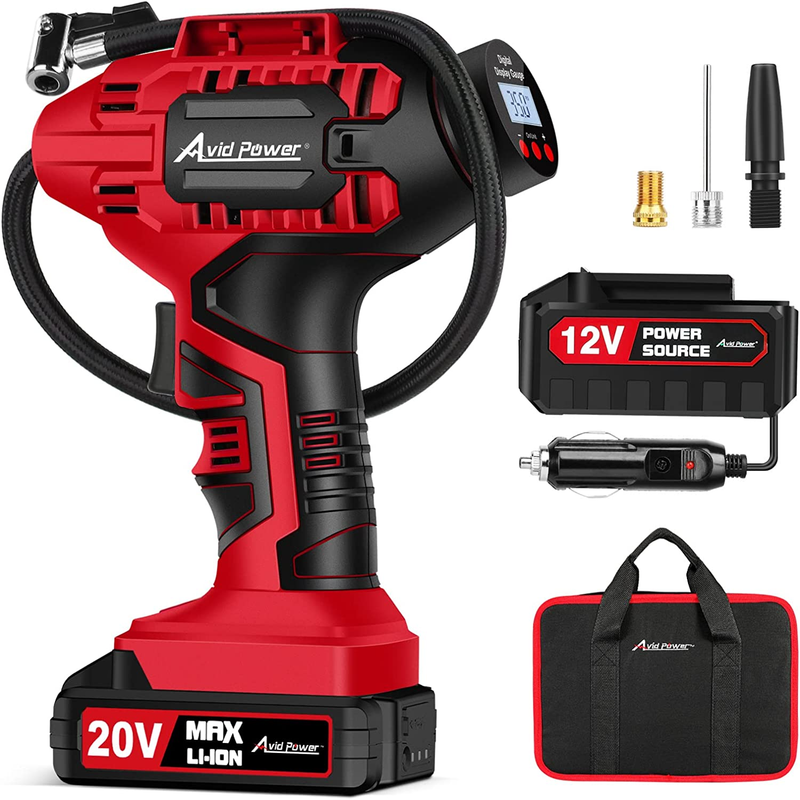 Tire Inflator Air Compressor, 20V Li-Ion Battery, 12V Adapter, Digital Pressure