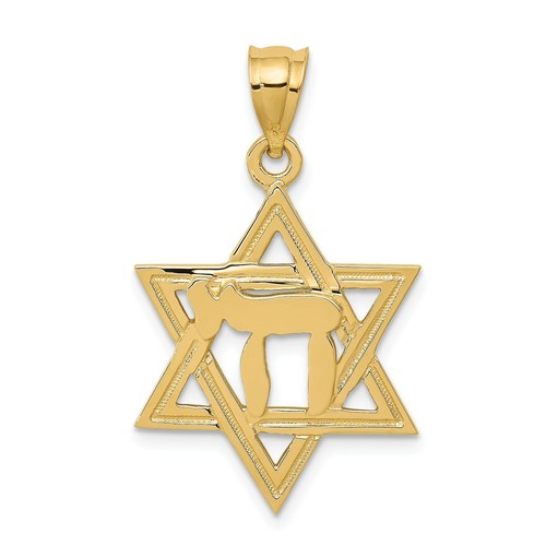 Pre-owned Accessories & Jewelry 14k Yellow Gold Solid & High Polished Chai In Star Of David Pendant Large Charm