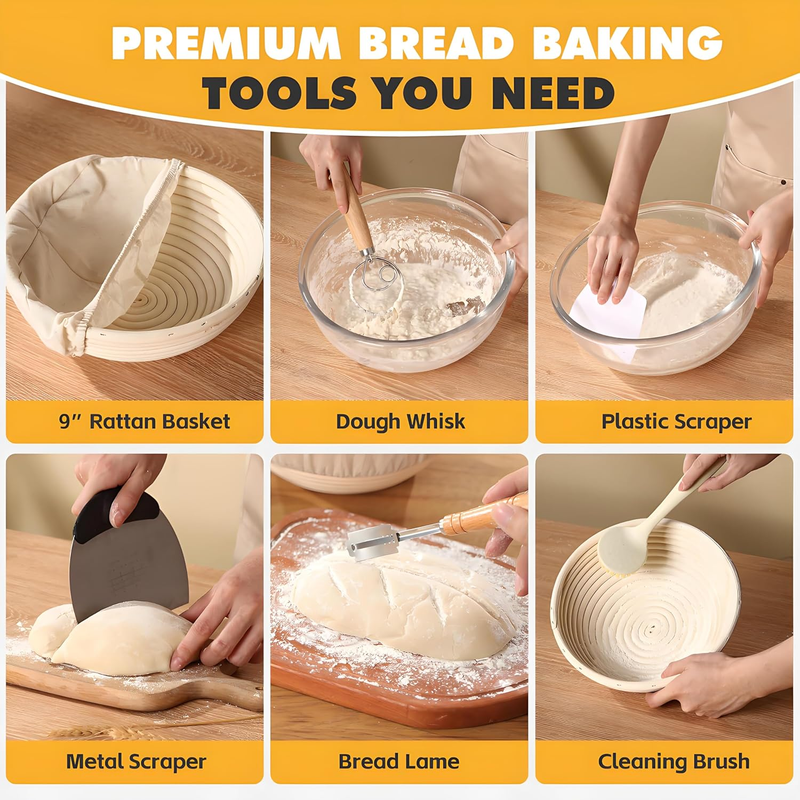 Sourdough Bread Starter Kit, 9 Inch Round Banneton Proofing Basket with Cloth Li
