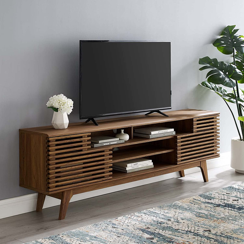 Render 71" Mid-Century Modern Low Profile Media Console TV Stand, 71 Inch, Walnu