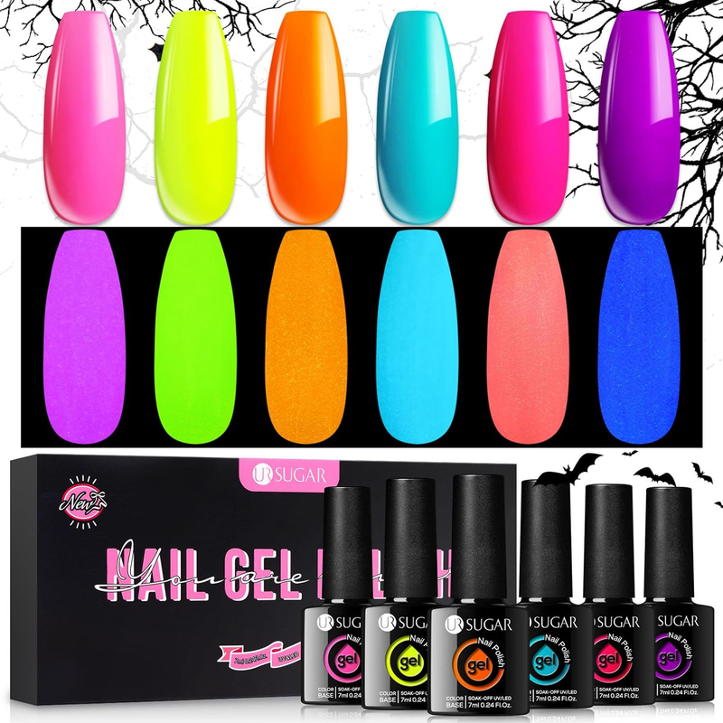 Glow in the Dark Gel Nail Polish Set, Halloween Neon Hot Pink Yellow Orange Brig