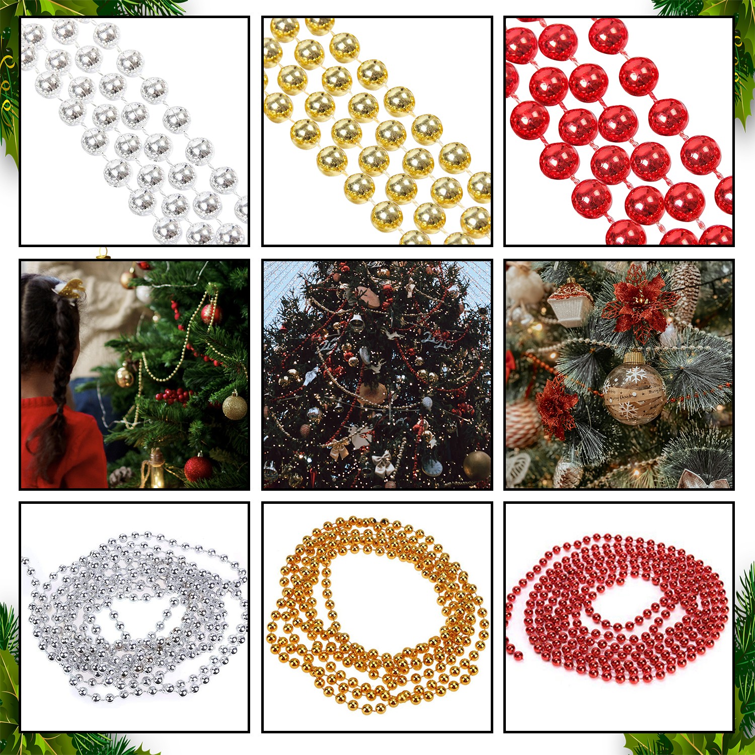 TrimmingShop 24ft / 7,3m Lichterkette Perlenkette Weihnachtsdeko Rot Gold Silber