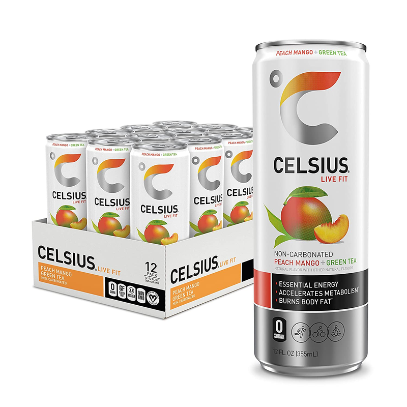 CELSIUS Peach Mango Green Tea,Functional Essential Energy Drink 12 Fl Oz Pack 12