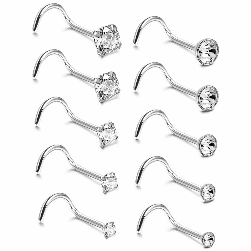 10pcs Surgical Steel Cz L-shaped Nose Studs Ring 20g Body Piercing 1.5mm-3.5mm