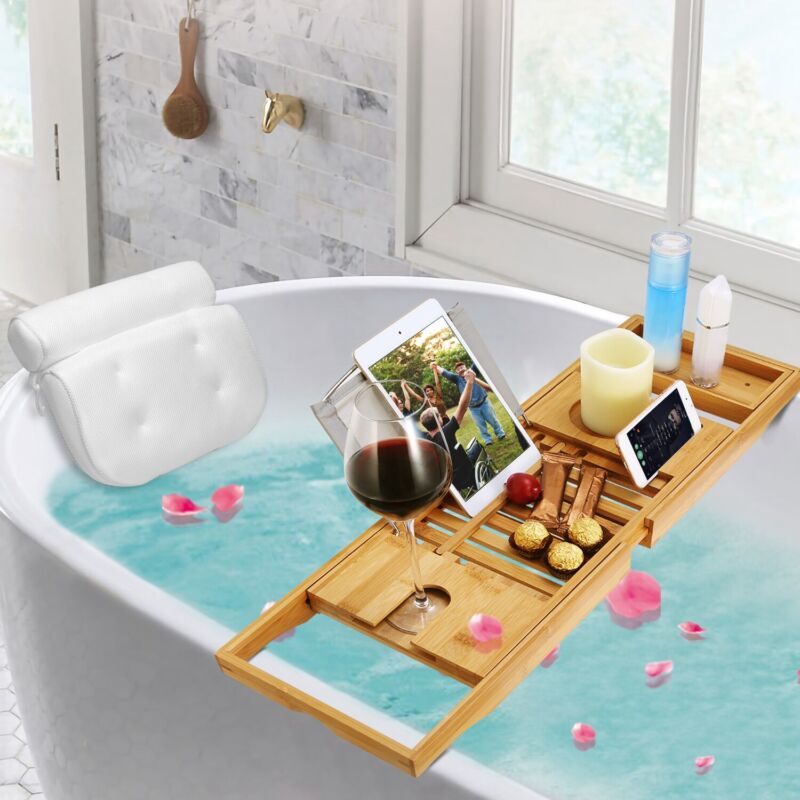Bathtub Caddy Bamboo Bath Tub Rack Tray & Bath Pillow Cloth/Book/Tablet Holder