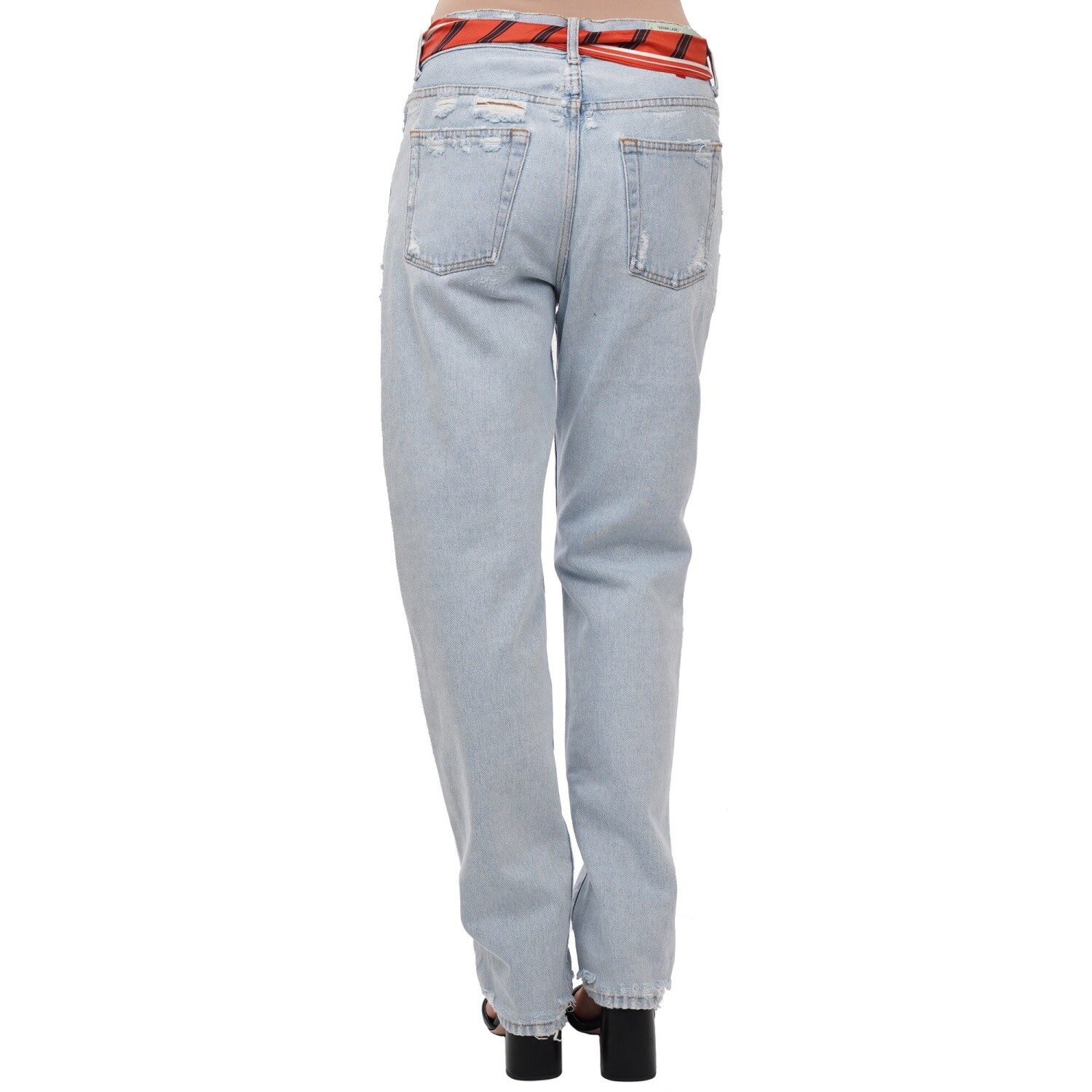 Pre-owned Off-white Virgil Abloh Logo Silk Scarf Straight Distressed Jeans Pants Blue