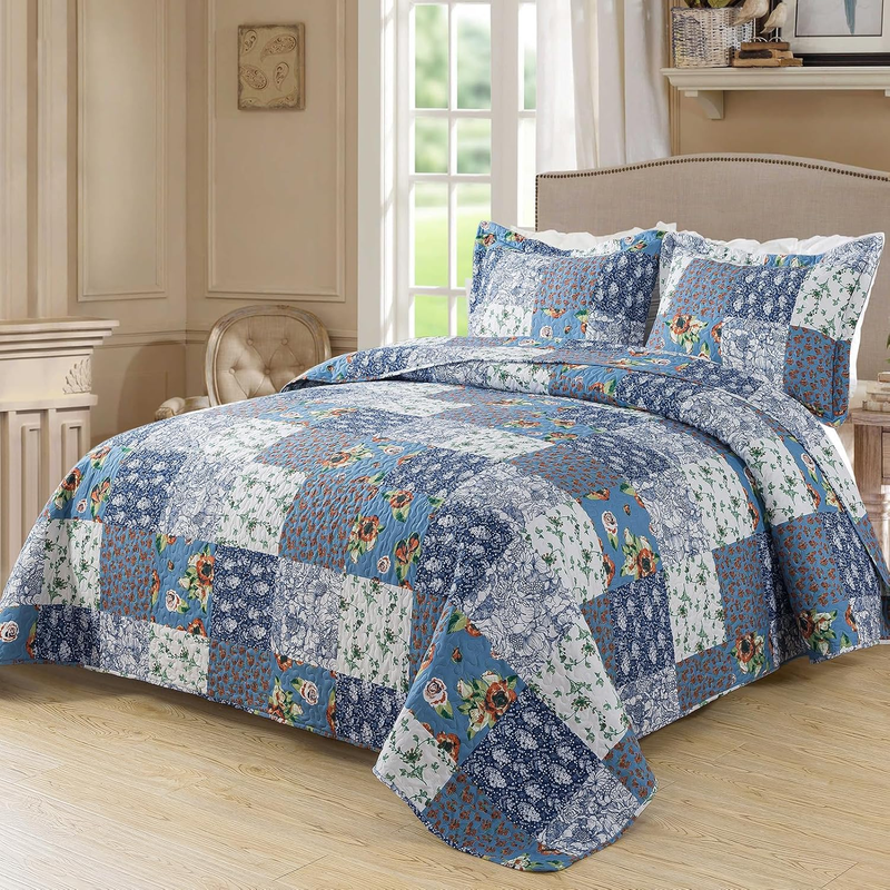 Boho Queen Size Quilt Bedding Set - Reversible Lightweight Bedspreads Queen Size (90 X 98 Inch) with Garden Pattern - Plaid Queen Quilt Bedding Sets for Decorations, 3 Pieces