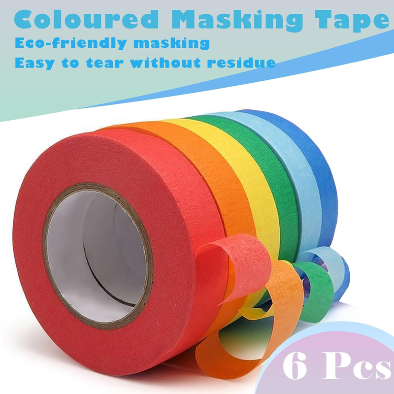 6 Rolls Colored Masking Tape, Colorful Craft Tape for Vibrant Rainbow Color Teac