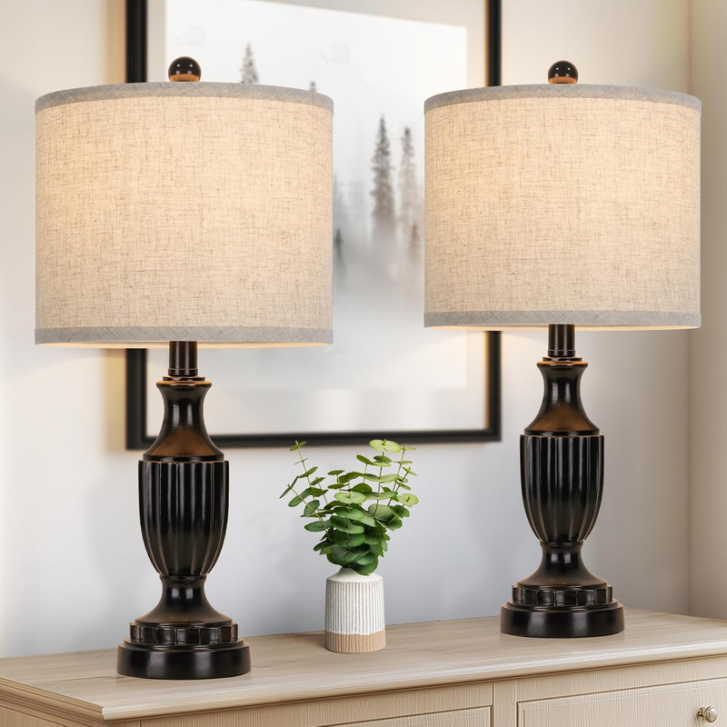 Set of 2 Rustic Black Farmhouse Table Lamps with Linen Shade for Bedroom