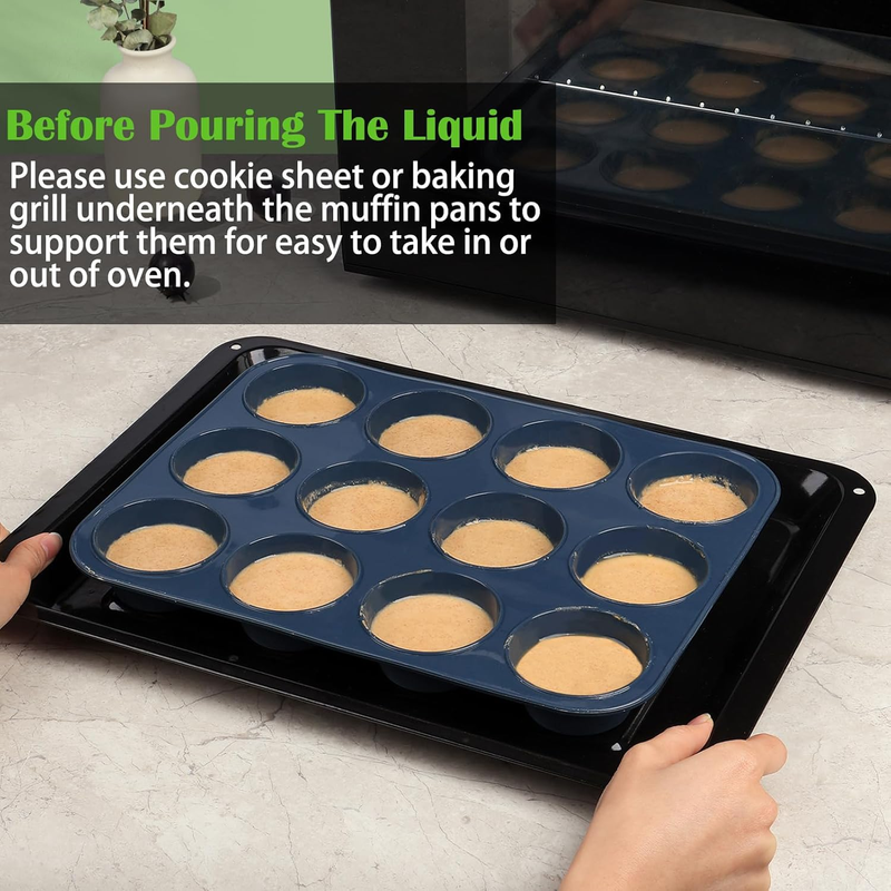 2 Pack Silicone Muffin Baking Pan & Cupcake Tray 12 Cup - Nonstick Cake Molds/Ti