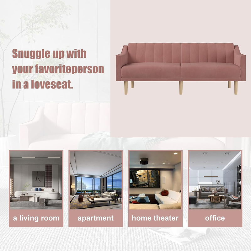 Velvet Futon Sofa Bed Couch, Convertible Sleeper Sofa, 74" Loveseat Futon Couch