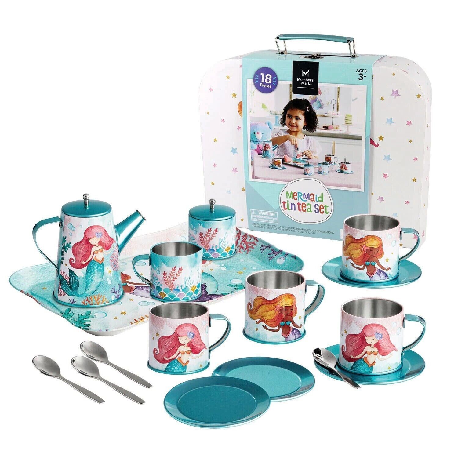 Member's Mark 18-Piece Mermaid Metal Tin Tea Set in Storage