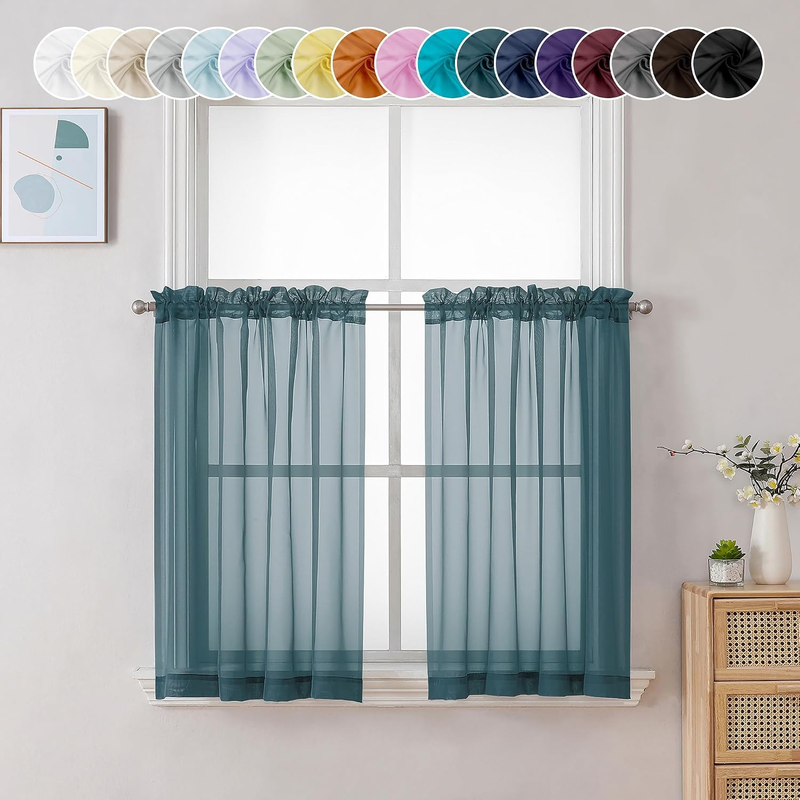 Sheer Stone Blue Tier Curtains 24 Inch Length, Small Window Curtains Treatment f