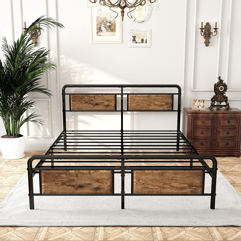 14 Inch Classic Victorian Platform Bed Frame, with Vintage Brown Wooden Headboar