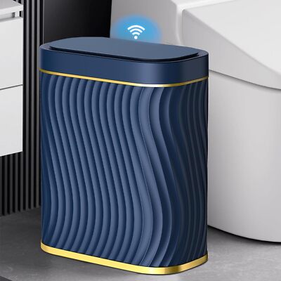 Bathroom Small Trash Can with Automatic Touchless Lid, 2.6 Gallon Gold Blue 