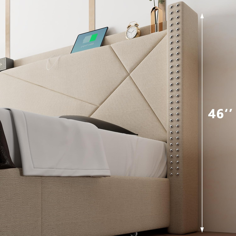 King Storage Bed Frame with Type-C & USB Ports and 4 Drawers, Minimalist Geometr