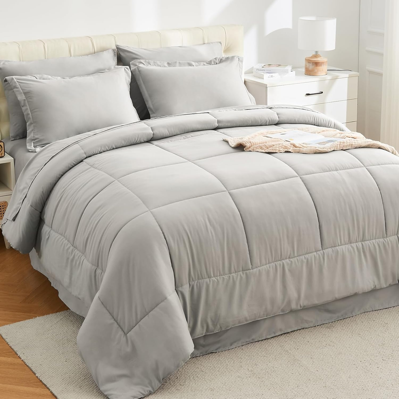 Queen Comforter Set - 7 Piece, Ultra Soft Grey Bedding Sets, Bed in a Bag