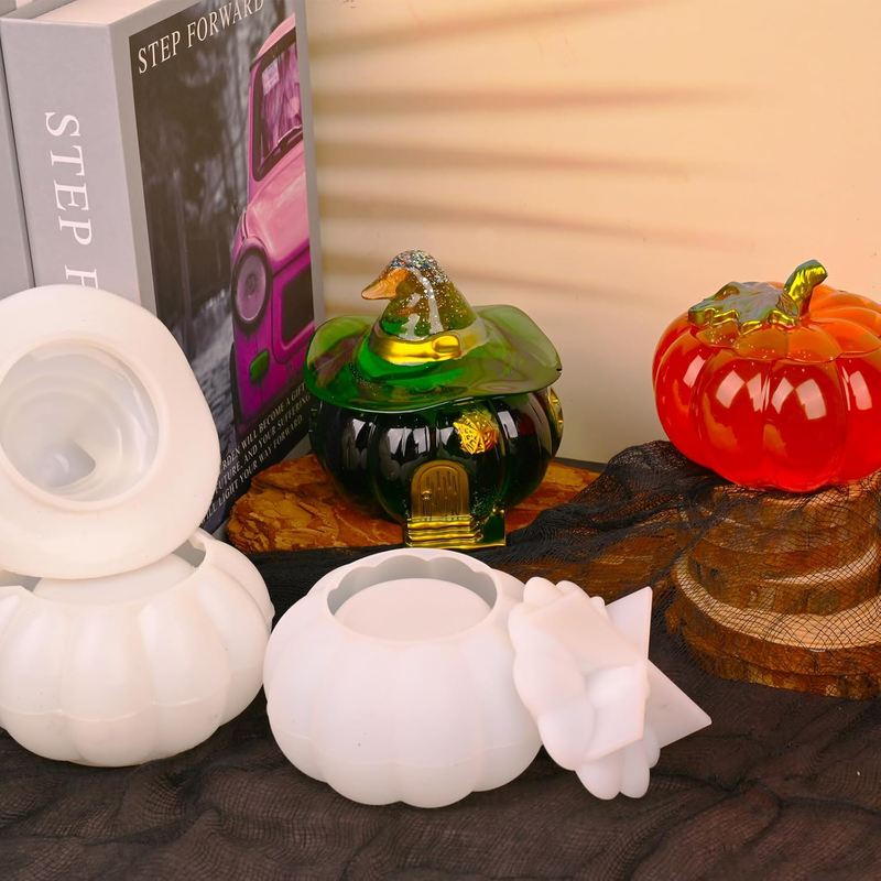 Halloween Resin Molds - 2 Pcs Pumpkin Jar Silicone Molds With Witch Lid for Cast