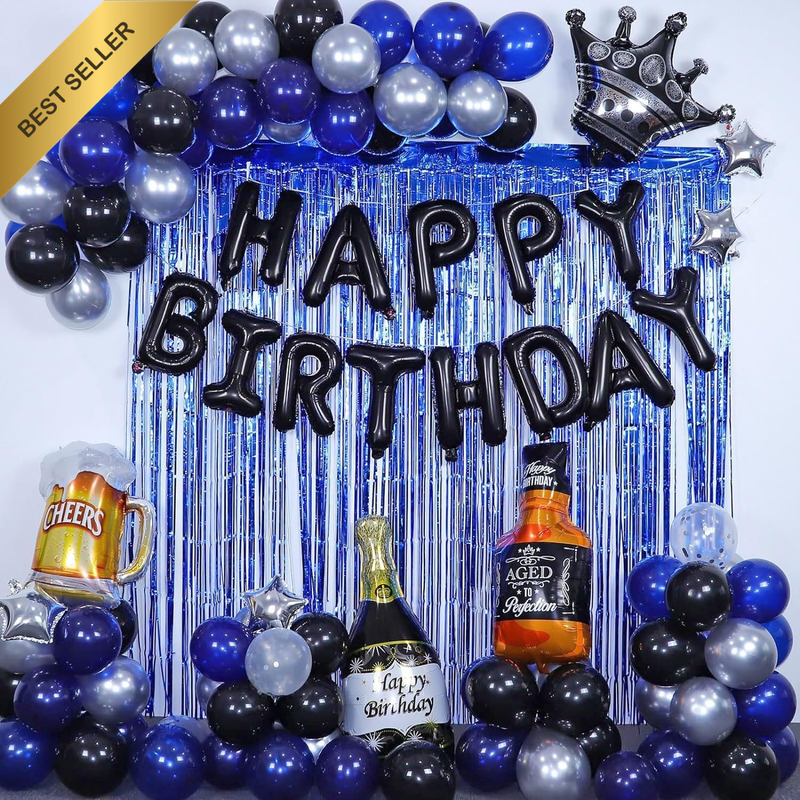 Black Blue Father's Birthday Balloon Arch Wine Bottle Banner Tassel Curtain