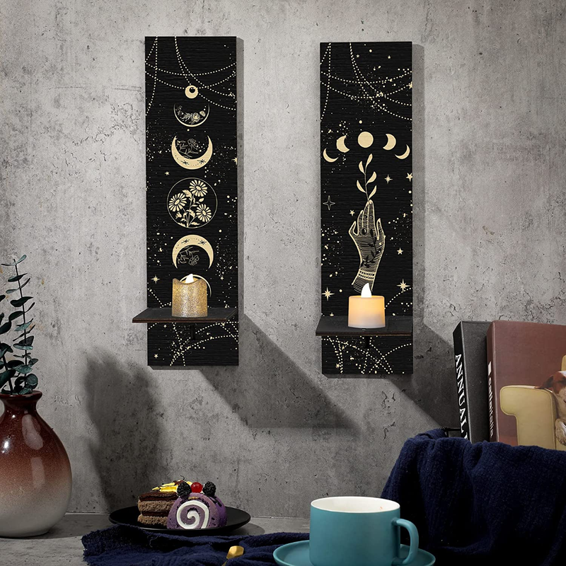 Set of 2 Boho Wall Candle Sconces Black Wall Candle Holder Wall Mount Wooden Can