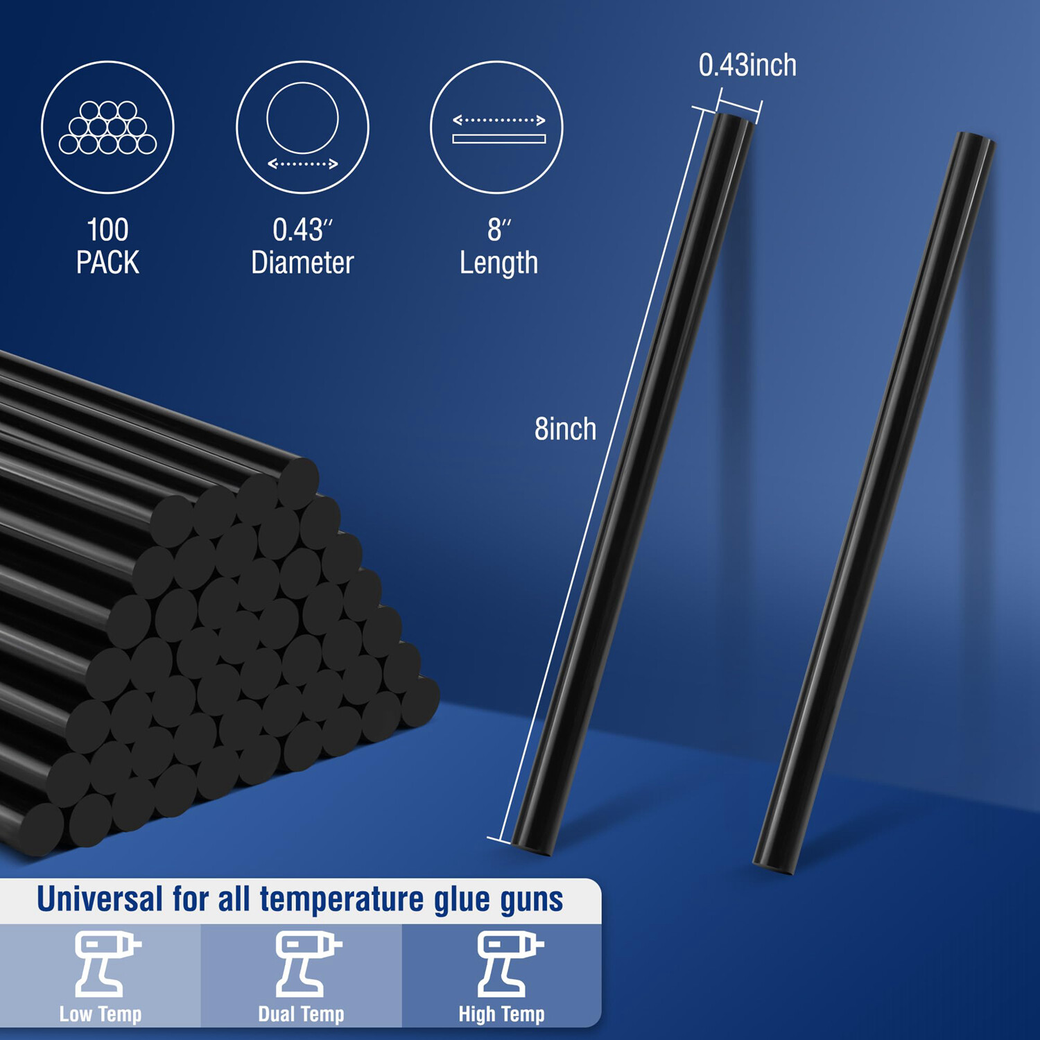 WORKPRO Hot Glue Sticks 100 Pack Black Hot Melt Adhesive Glue Sticks 0.43x8 Inch