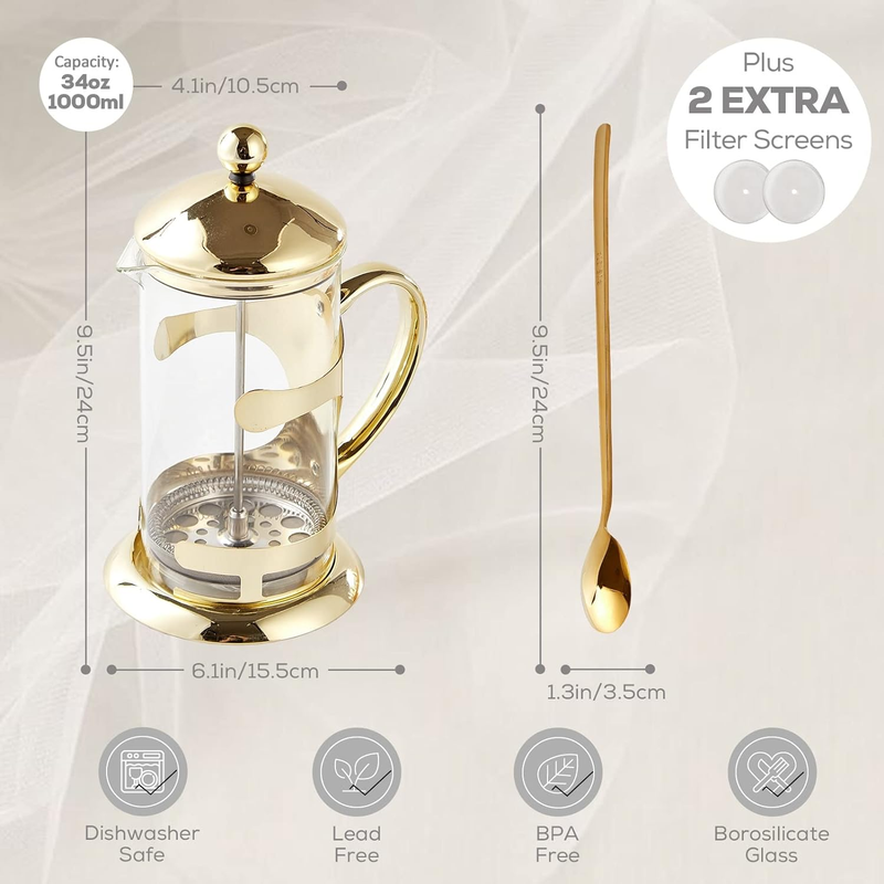 Gold French Press Coffee Maker, Luxury Design French Coffee Press with 4-Level F