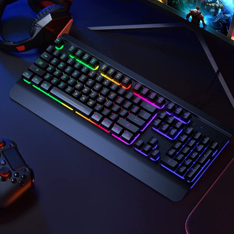 Gaming Keyboard - 104 Keys, All-Metal Panel, Rainbow LED Backlit, Quiet, with Wr