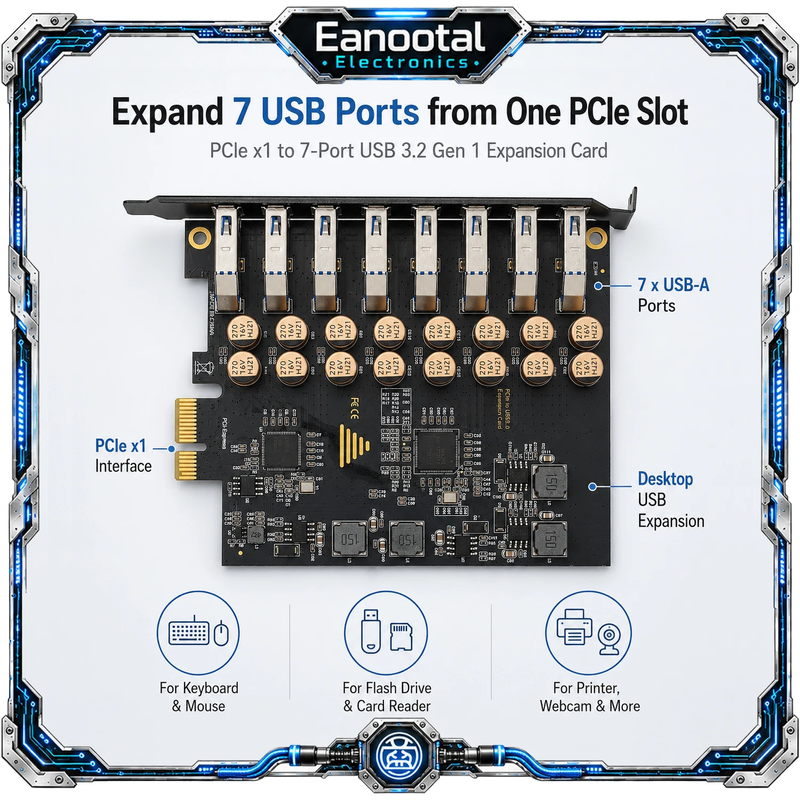 PCIe x1 7 Port USB 3.0 Card, High Speed USB-A Expansion Adapter No External Powe