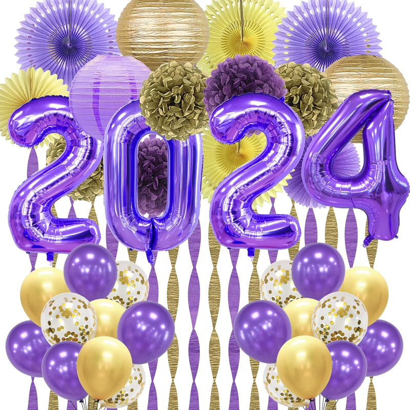 2024 Graduation Decorations Gold and Purple, Purple Gold 2024 Foil