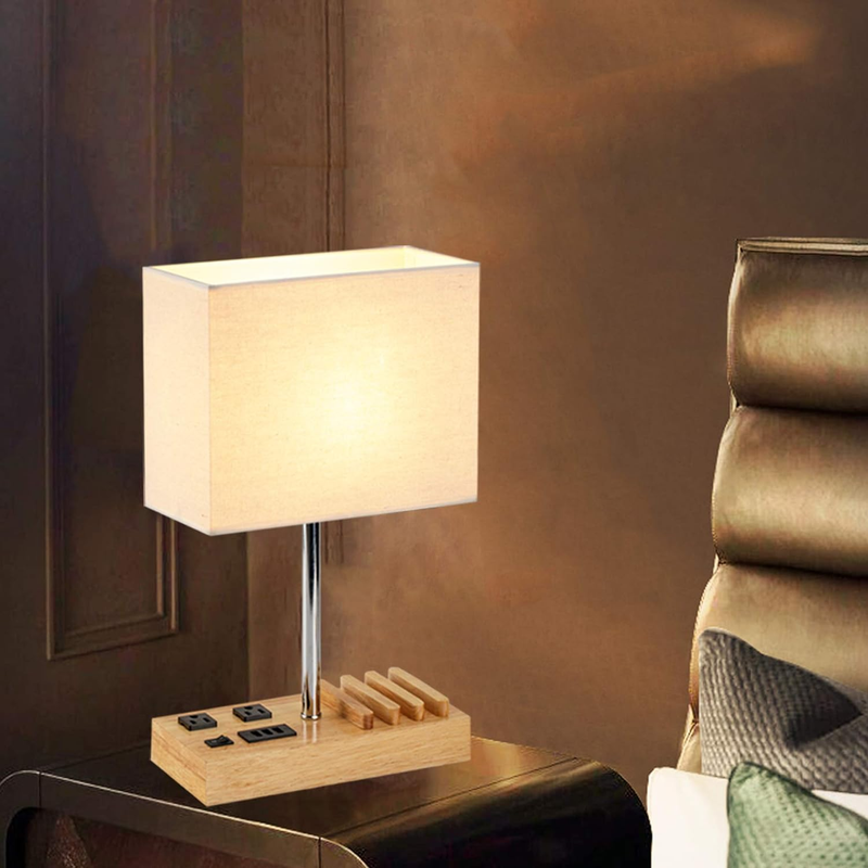 Desk Lamp with 3 USB Ports  2AC Outlets 3 Phone Stands, Nightstand Wooden Base
