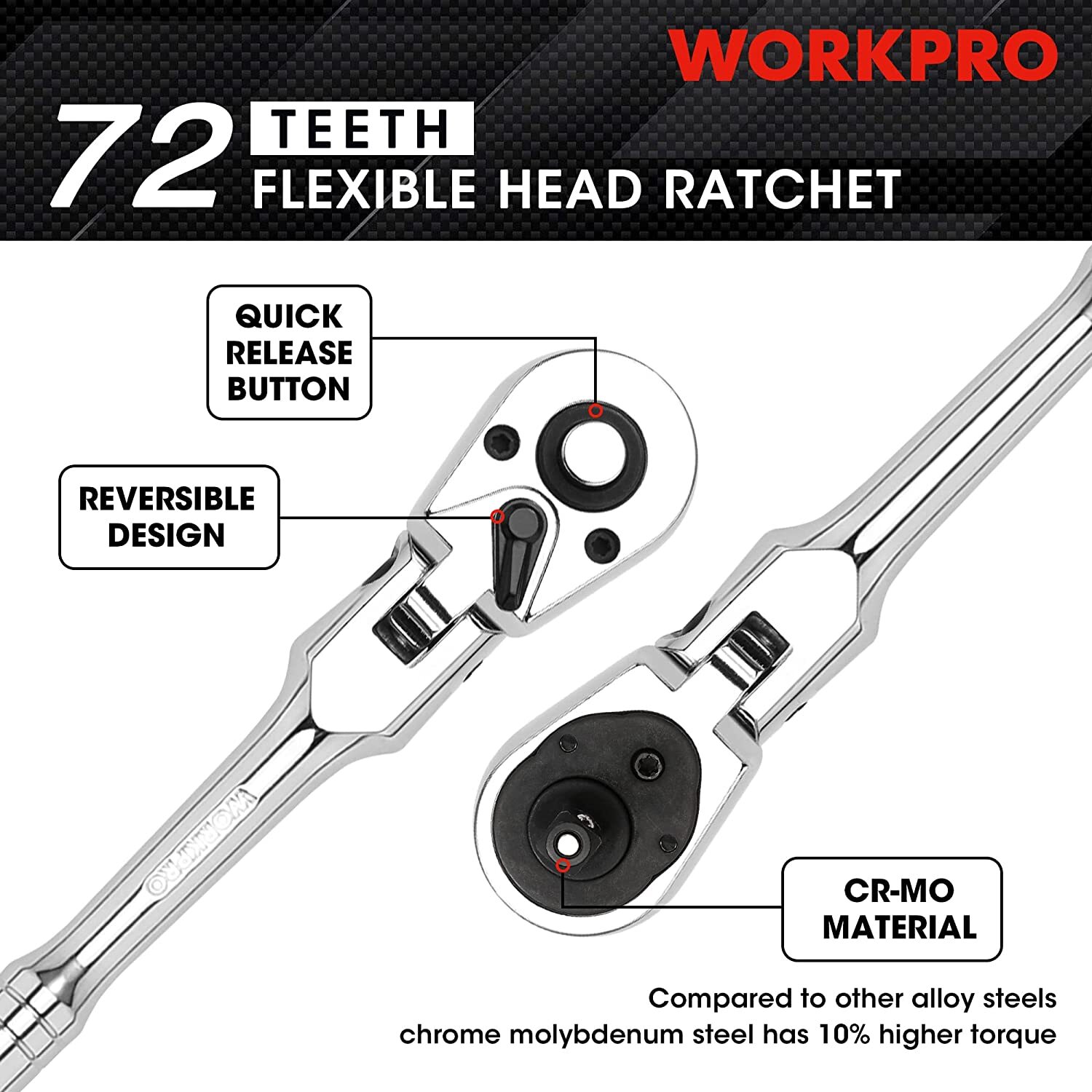 WORKPRO 1/4" Drive Flex Head Ratchet 72-Tooth Quick Release  5 Degree Swing NEW