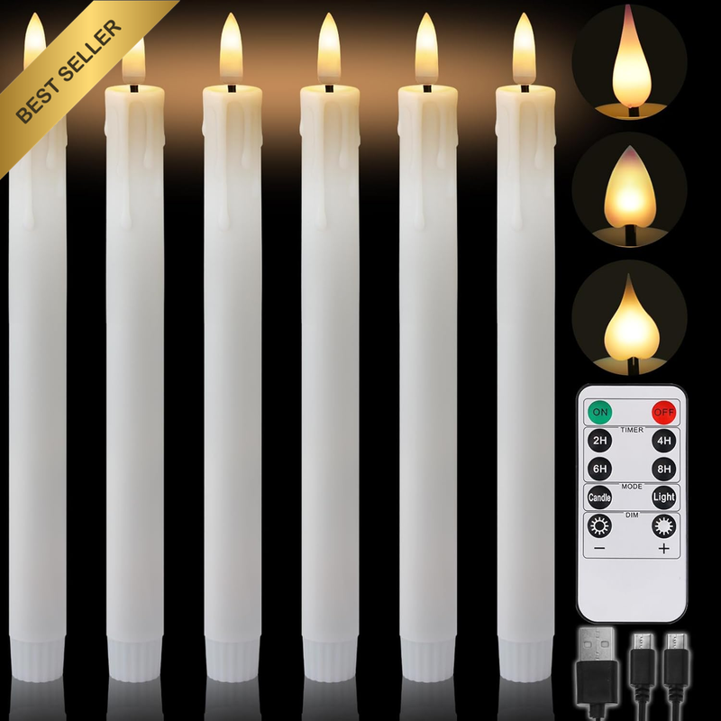 6 Pcs Rechargeable Flameless Taper Candles with Remote, Timer, Dimmer, Flickerin