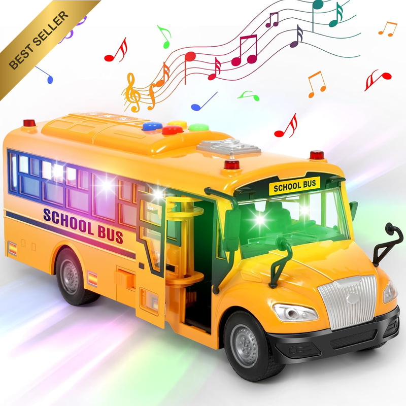 Yellow School Bus Toys for Toddlers with 4 Different Flashing Lights & Sound, Ba