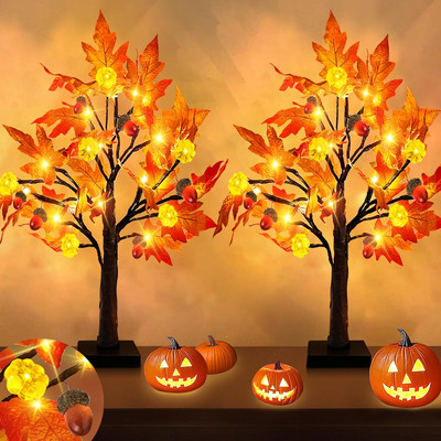 2 Pack 22'' Prelit Fall Maple Tree - 48 LED Pumpkin Acorn for Thanksgiving Decor