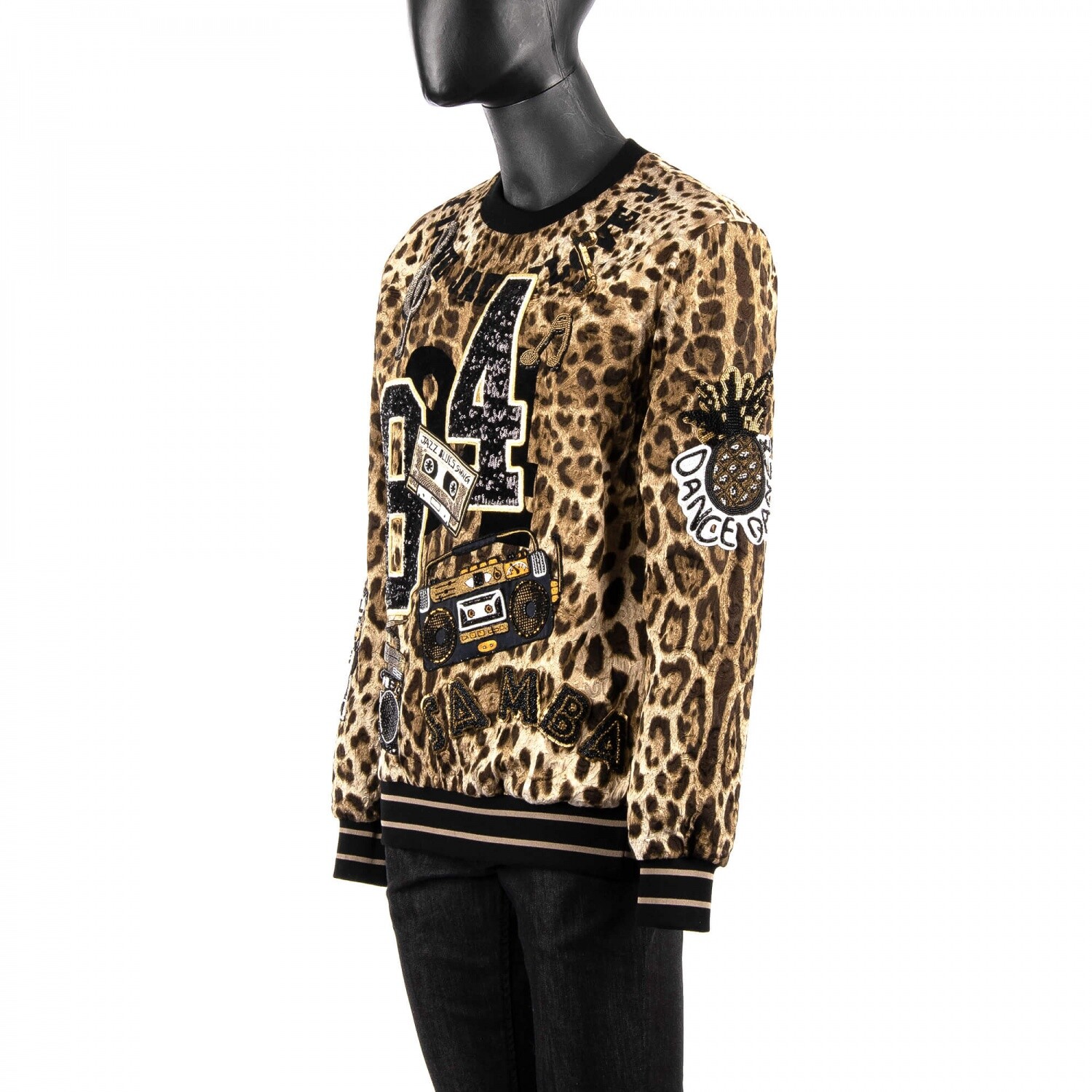 Pre-owned Dolce & Gabbana Leopard Sweater With Music Jazz Blues Embroidery Black 08937