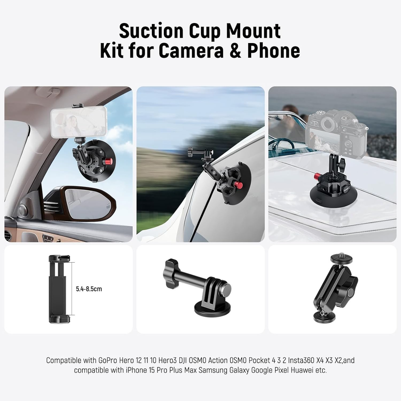 4.5" Suction Cup Camera Mount with Ball Head Magic Arm, 1/4" 3/8" ARRI Holes, Qu