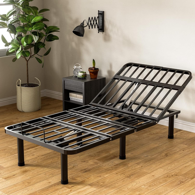 Motorized Metal Twin XL Adjustable Bed Base with Head and Foot Incline, Wired Re