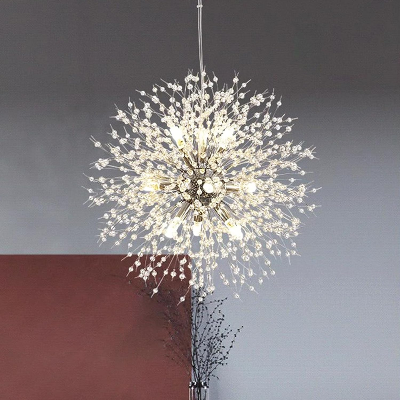 Modern Crystal Chandeliers, 9-Light Chrome Dandelion Firework Pendant Lighting, Chandelier Light Fixtures for Dining Room Bedroom Living Room Restaurant Kitchen Hallway