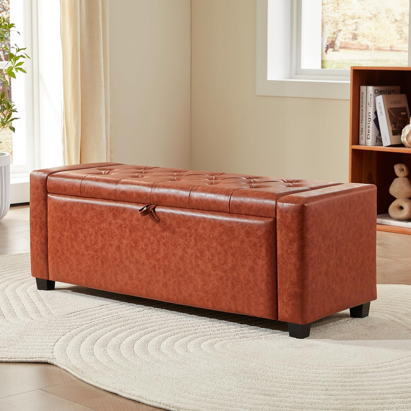 Storage Ottoman Bench for Bedroom End of Bed, Upholstered Tufted Bench Foot Rest for Living Room,Holds up to 330 Lb,Rectangular Entryway Shoe Bench with Storage for Hallway,Leather Reddish Brown