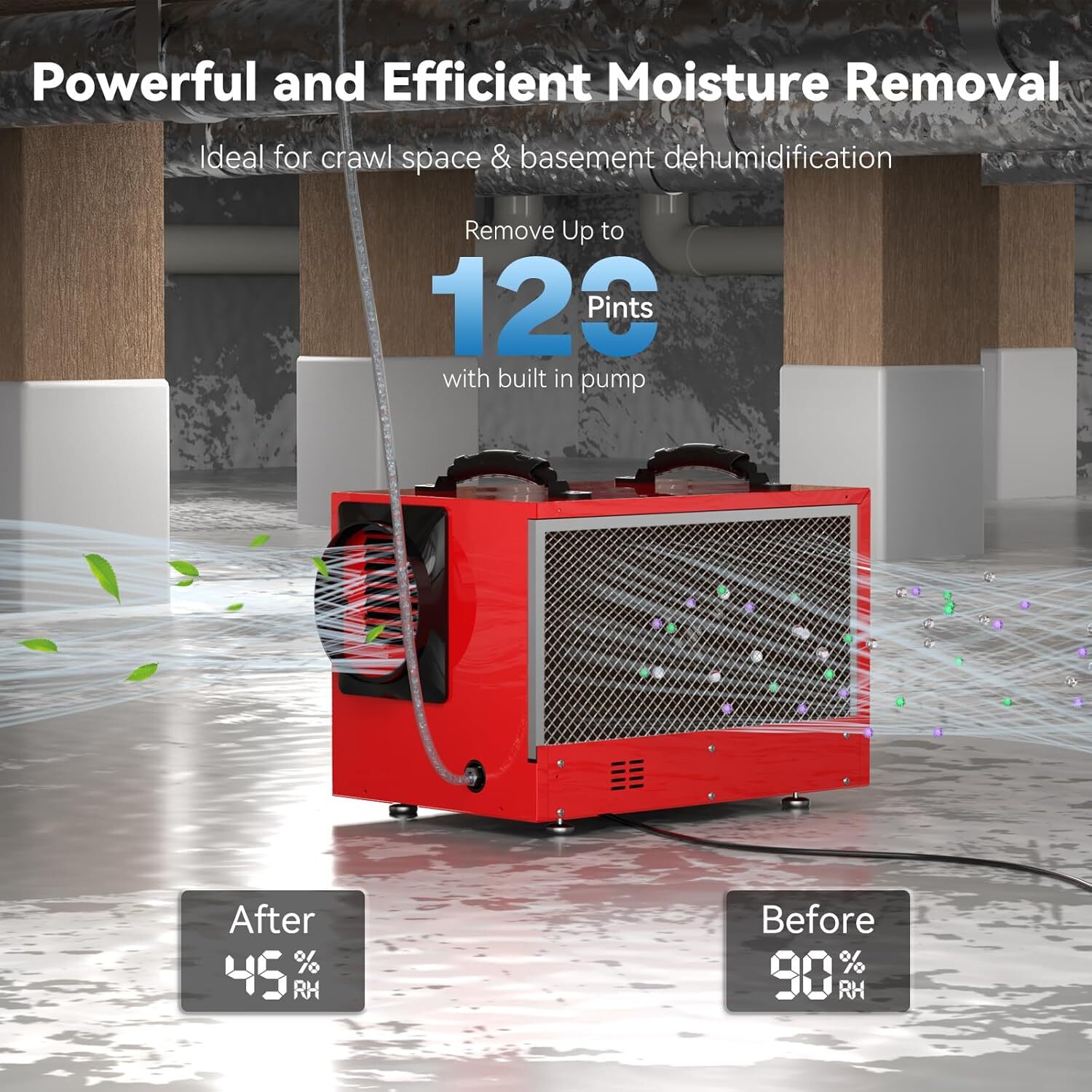 BaseAire 120 Pints Commercial Dehumidifier for Crawl Space Basement Warehouse