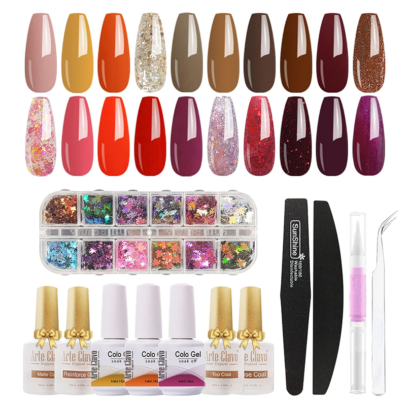 Arte Clavo 29 Pcs Gel Nail Polish Kit, Full Maroon Soak off Gold Yellow Set Burg