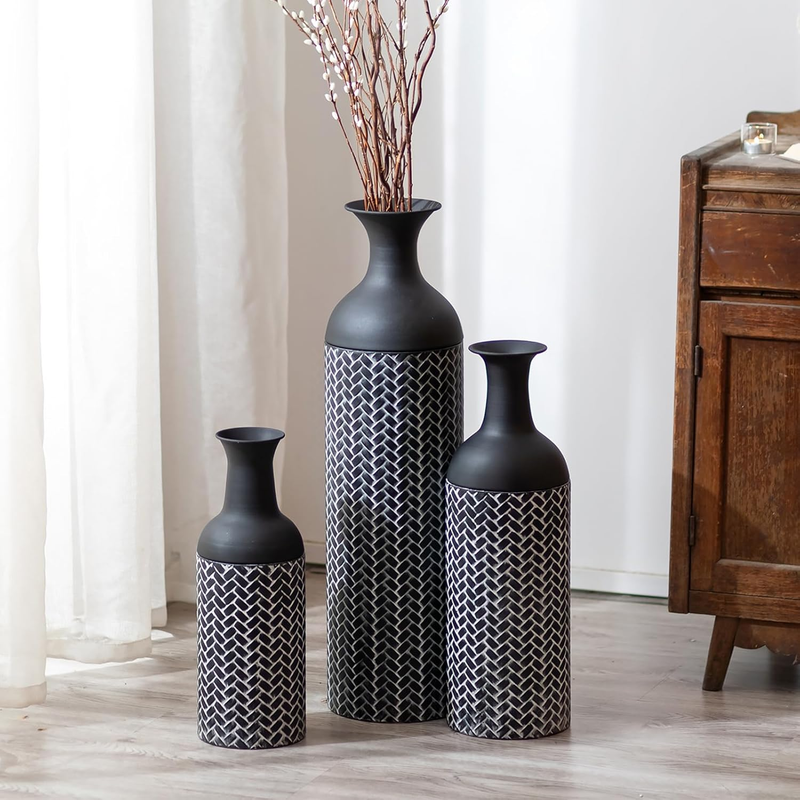 Black Large Floor Vases: 27/20/16In Tall Metal Floor Vase Set of 3 Giant Floor Standing Vase Vintage Floor Vase for Living Room Oversized Floor Vases for Fireplace Hallway Corner Office