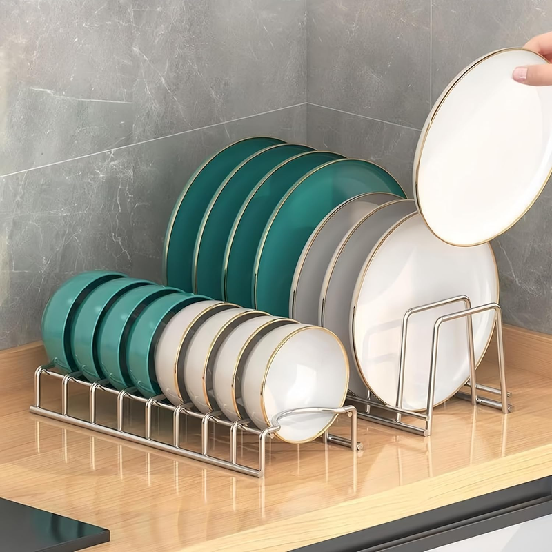 Dish Rack Plates Holder 2 Pack Set, Plate Organizer for Cabinet Space Saver, Pan