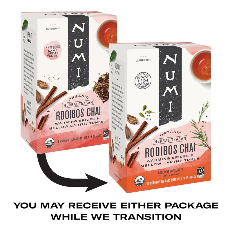 Numi Organic Tea Rooibos Chai, 18 Count Box of Tea Bags, Herbal Teasan, Caffeine