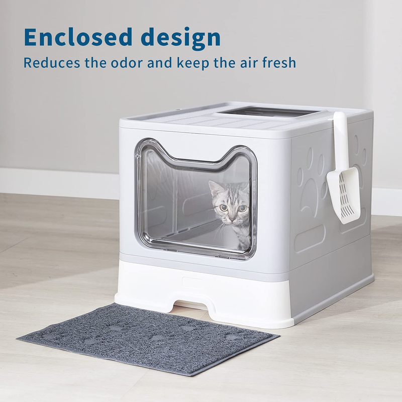 Cat Litter Box, Large Foldable Front Entry Top Exit Litter Box with Lid for Cats
