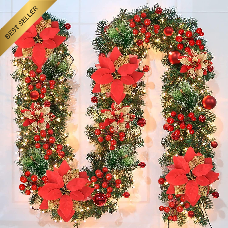 9Ft Pre-Lit Christmas Garland Lights Outdoor Interior Fireplaces Stairs Door