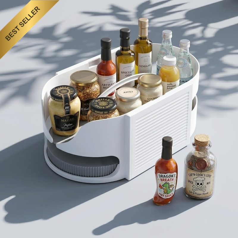 Dual-Axis Rotating Fridge Organiser, Spinning Lazy Susan Caddy for Deep Cabinets